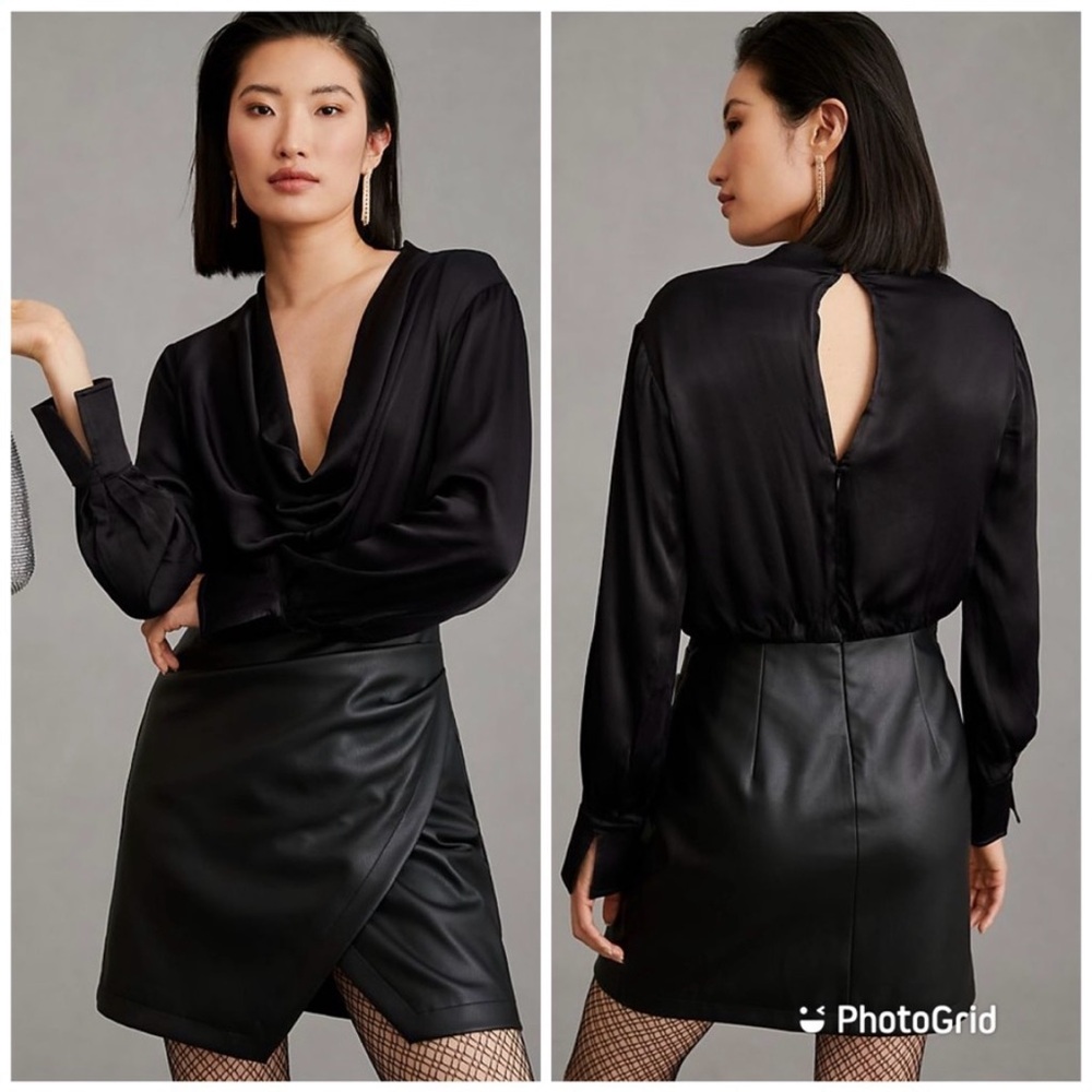 Anthropologie Maeve Plunge Black Faux Leather Dress size 14